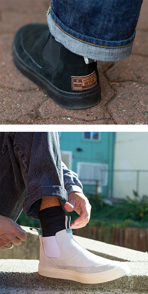 devium shoes a black pair and a white single shoe