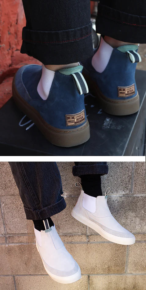 two styles of shoe a blue suede custom shoe and a white slip on custom shoe