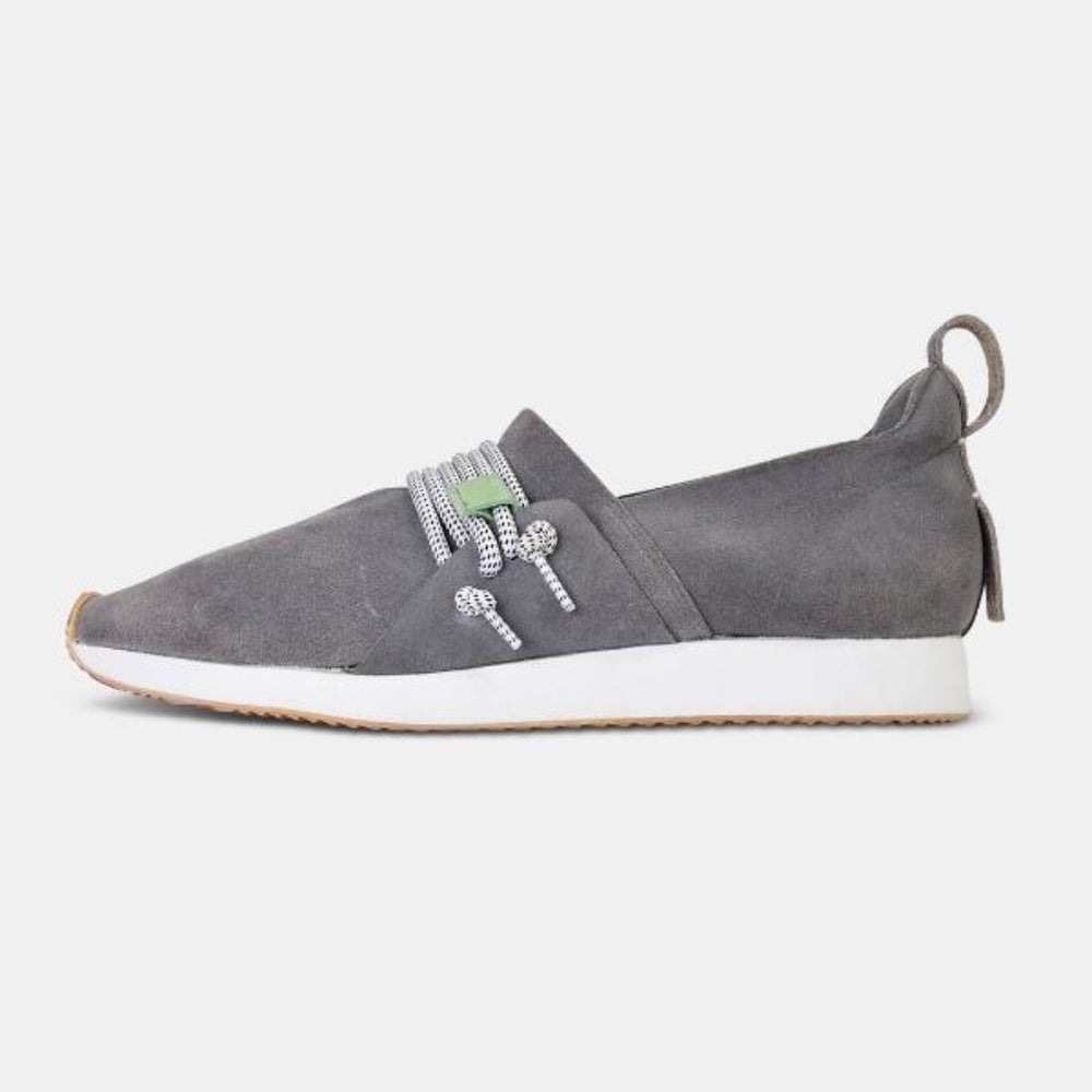 
                      
                        A profile picture of a grey suede COMUNITYmade Mateo sneaker with a white sole and lace-up closure, white midsole and gum rubber outsole and a leather heel loop pull tab
                      
                    