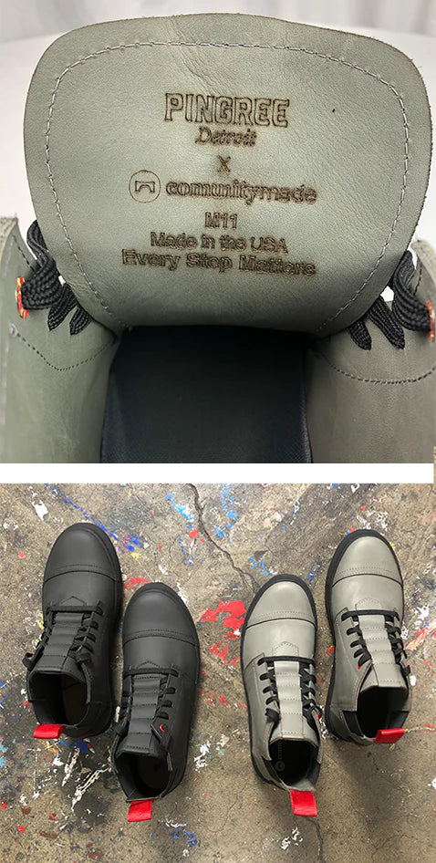 The image is split into two frames. The top frame shows a close-up of the tongue of a shoe, which is made of smooth, light gray leather. The tongue has text debossed into it that reads: "PINGREE Detroit", "x communitymade", "Made in the USA", and "Every Step Matters". The bottom frame shows two pairs of shoes, one black and one gray, sitting on a paint-splattered floor. Both pairs have thick soles, short red loops on the back heels, and a streamlined, modern design.