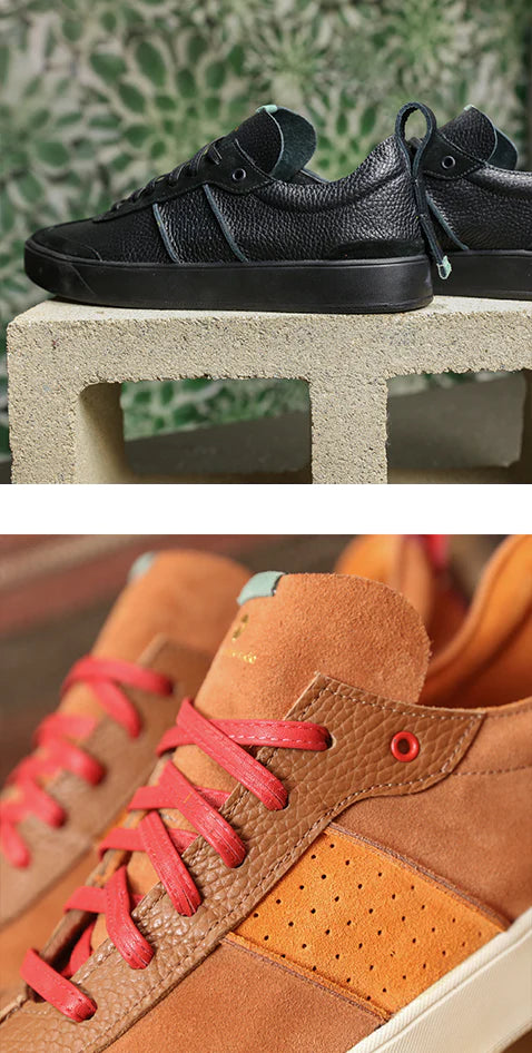 Top photo of a pair of black leather sneakers with a black rubber cupsole. Bottom photo is a close up brown and orange suede shoes with red leather laces