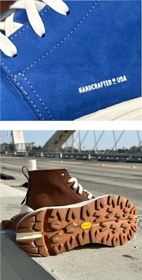 Top picture is a close up picture of a blue suede shoe with the words "Handcrafted in DTLA" on the side. The bottom picture shows a pair of brown leather mid-cut shoes featuring a shot of the gum rubber outsole