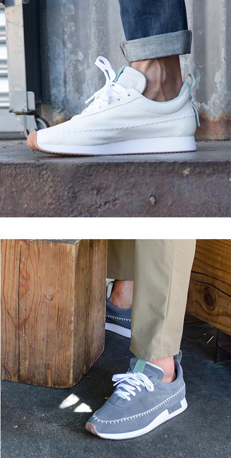 Top photo side view of a white leather sneaker with a white sole. Bottom photo of a pair of grey suede sneakers with white stitching accent and a white sole and white laces