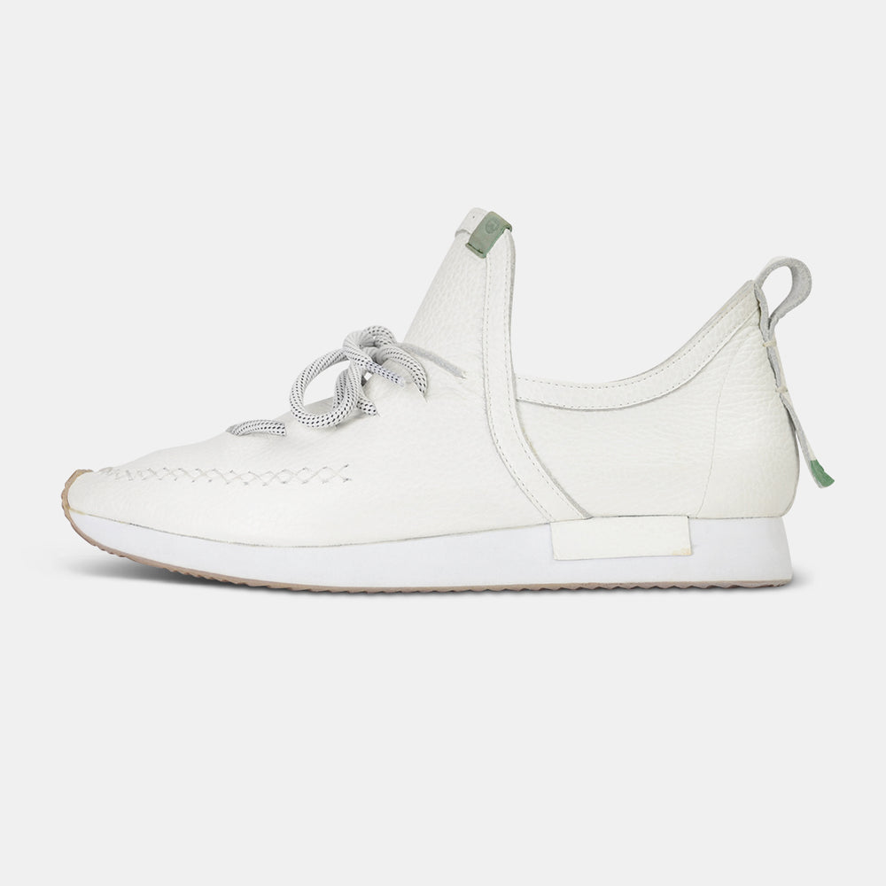 
                      
                        A single profile shot of a casual white leather mid-cut slip-on shoe with unique stitch detailing on the toe.  Round white laces with heel loop pull tab and a white midsole and rubber outsole.
                      
                    