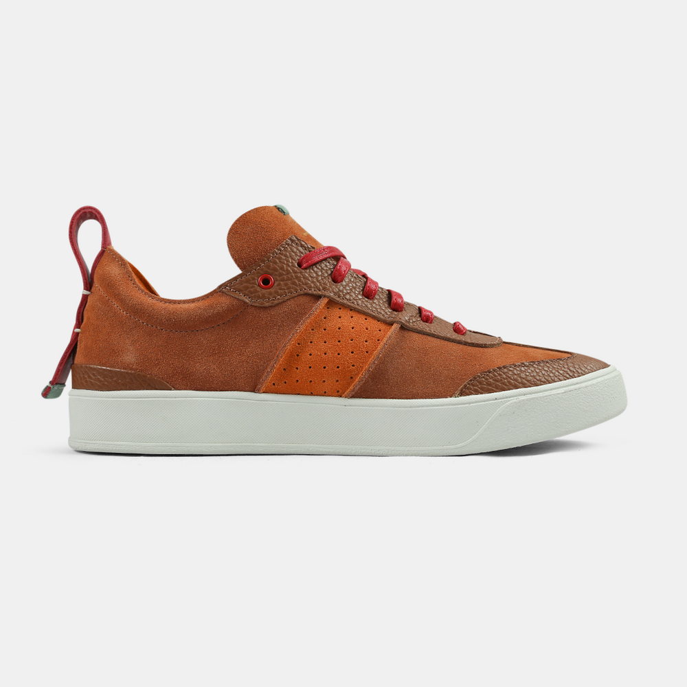 
                      
                        A brown men's sneaker with a lace-up closure, made from Italian leather, with a rubber cupsole medial view
                      
                    