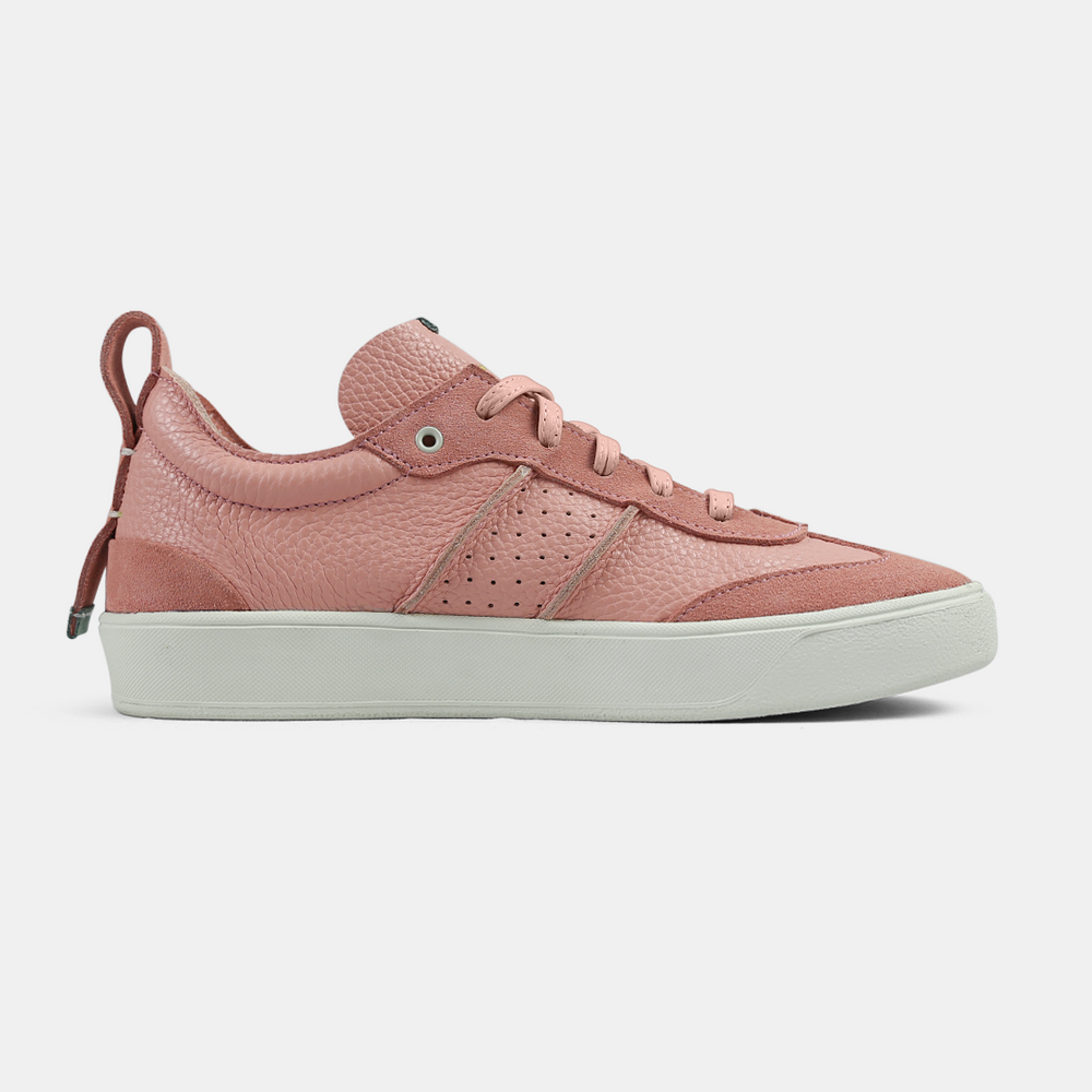 
                      
                        A pink men's sneaker with a lace-up closure, made from Italian leather, with a rubber cupsole lateral view
                      
                    