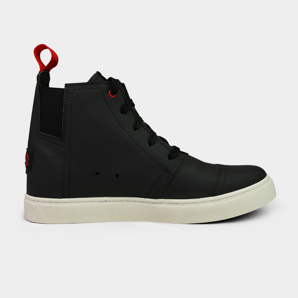 
                      
                        a pair of black high-top shoes, placed side-by-side. The shoes are made of black leather, with black laces and a thick white sole. A bright red loop is attached to the back of each heel. The shoes have a sleek, modern design, and they are on a solid light gray background.
                      
                    