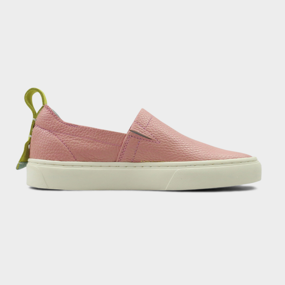 
                      
                        A pink slip-on men's shoe with a suede and leather upper and a rubber sole medial view
                      
                    