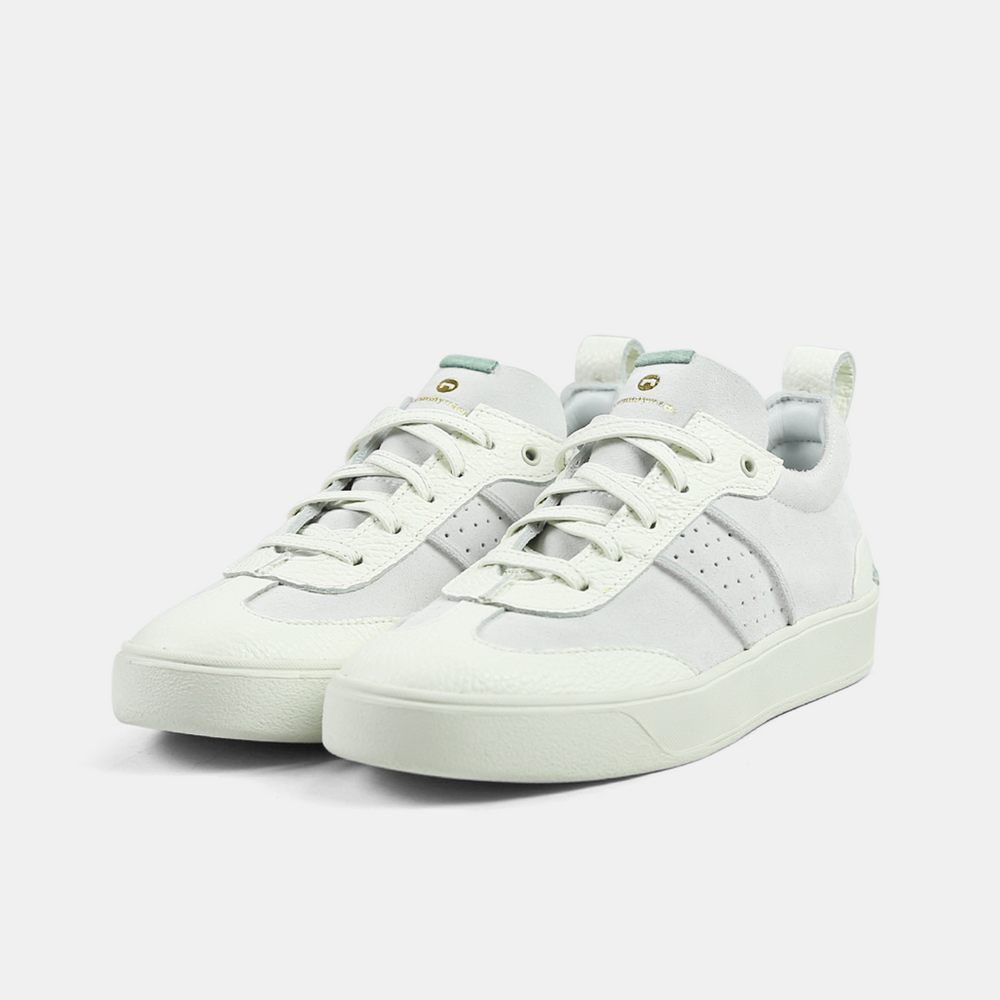 
                      
                        A white men's sneaker with a lace-up closure, made from Italian leather, with a rubber cupsole quarter view
                      
                    