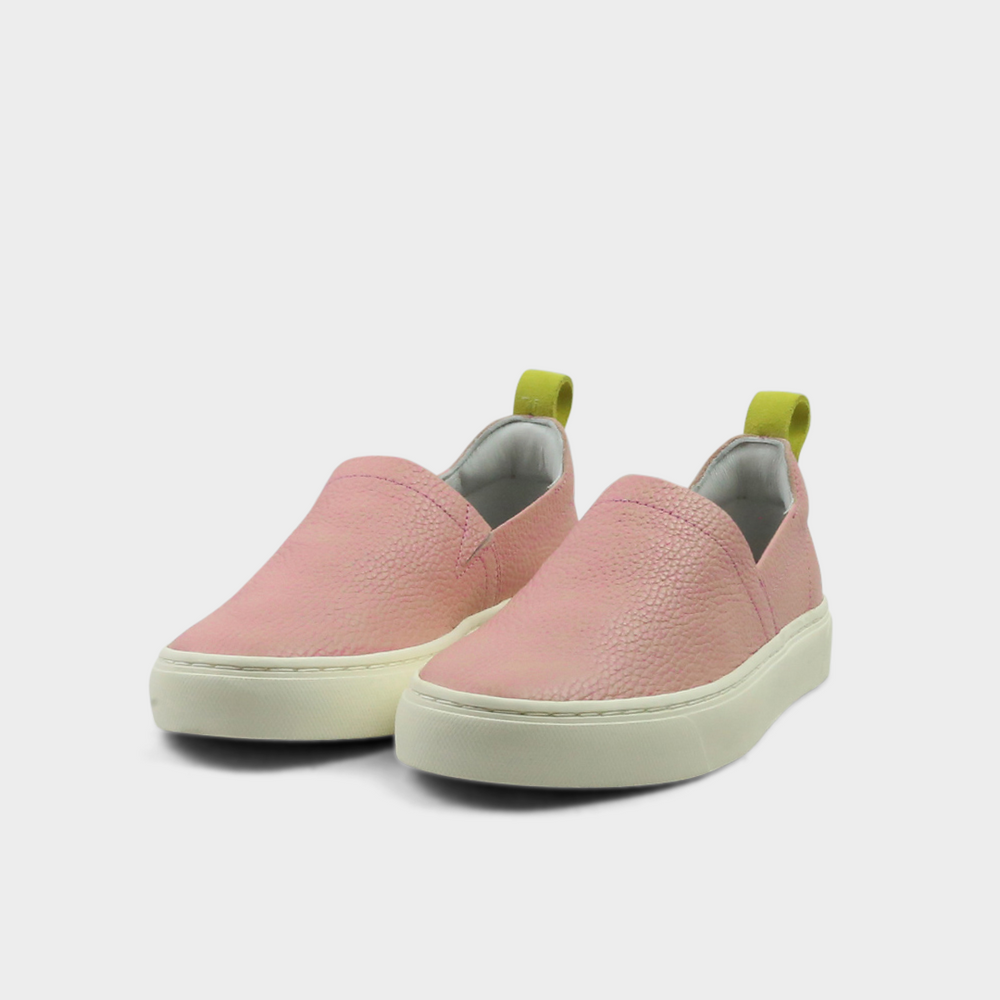
                      
                        A pink slip-on men's shoe with a suede and leather upper and a rubber sole quarter view
                      
                    
