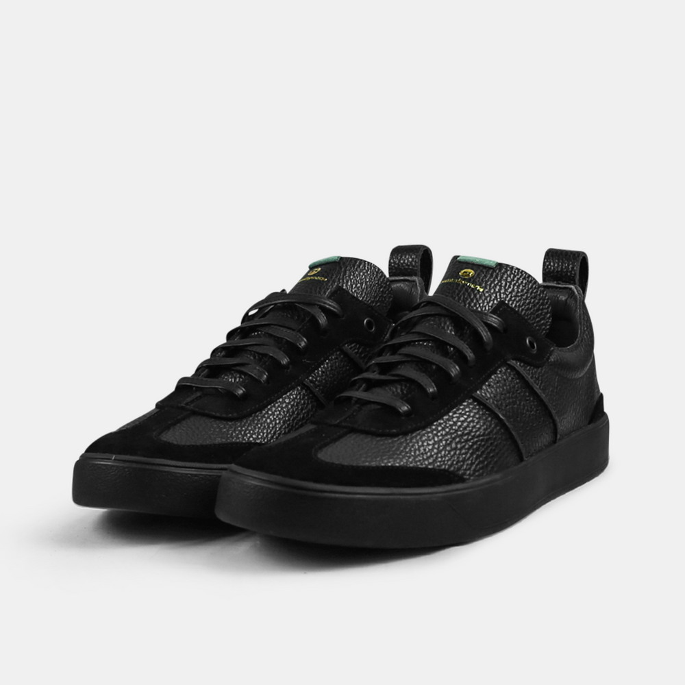 
                      
                        A black men's sneaker with a lace-up closure, made from Italian leather, with a rubber cupsole quarter view
                      
                    