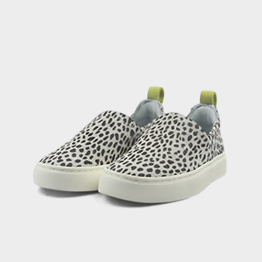 
                      
                        A cheetah print slip-on men's shoe with a suede and manmade material upper and a rubber sole quarter view
                      
                    