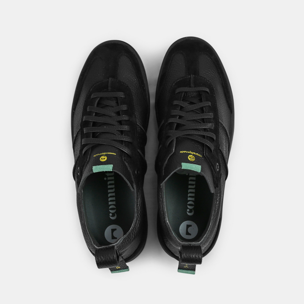 
                      
                        A black men's sneaker with a lace-up closure, made from Italian leather, with a rubber cupsole top view
                      
                    