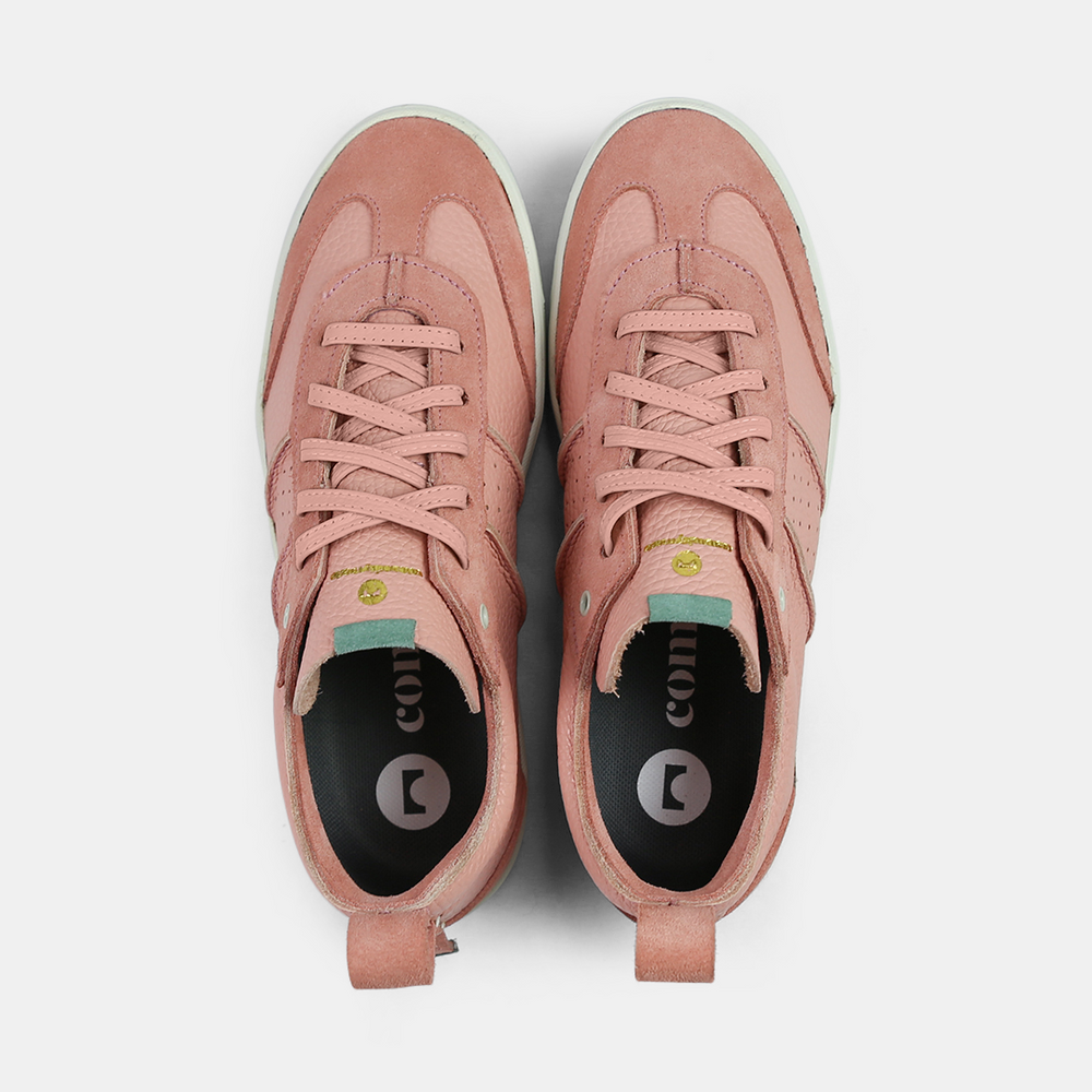 
                      
                        A pink men's sneaker with a lace-up closure, made from Italian leather, with a rubber cupsole top view
                      
                    