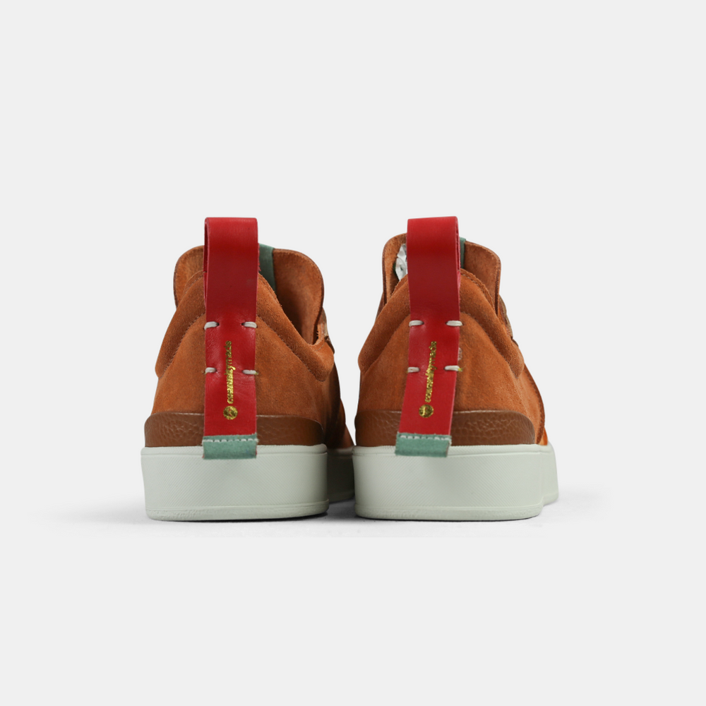 
                      
                        A brown men's sneaker with a lace-up closure, made from Italian leather, with a rubber cupsole back view
                      
                    