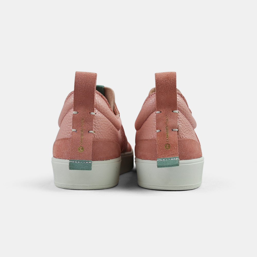 
                      
                        A pink men's sneaker with a lace-up closure, made from Italian leather, with a rubber cupsole back view
                      
                    