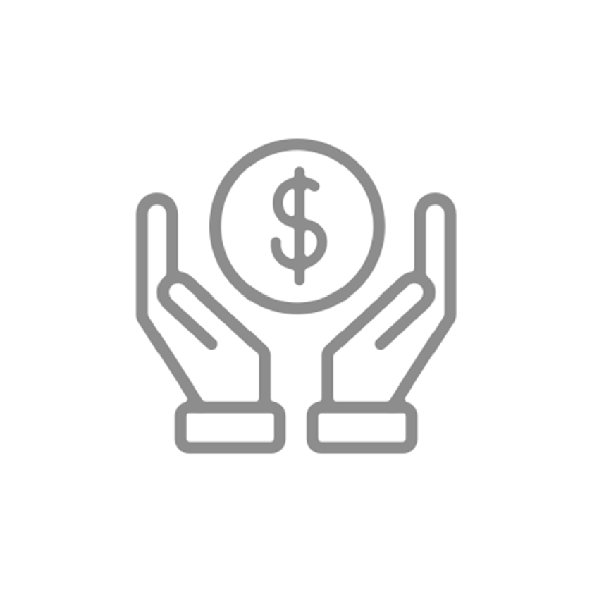 Icon drawing of two hands held upward and dollar sign logo in the middle