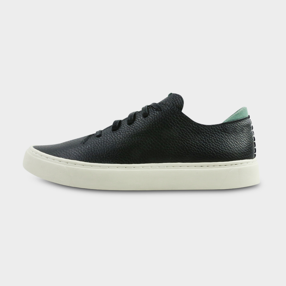 
                      
                        A black men's sneaker with a lace-up closure made with Italian full grain leather, featuring a rubber cupsole lateral view
                      
                    