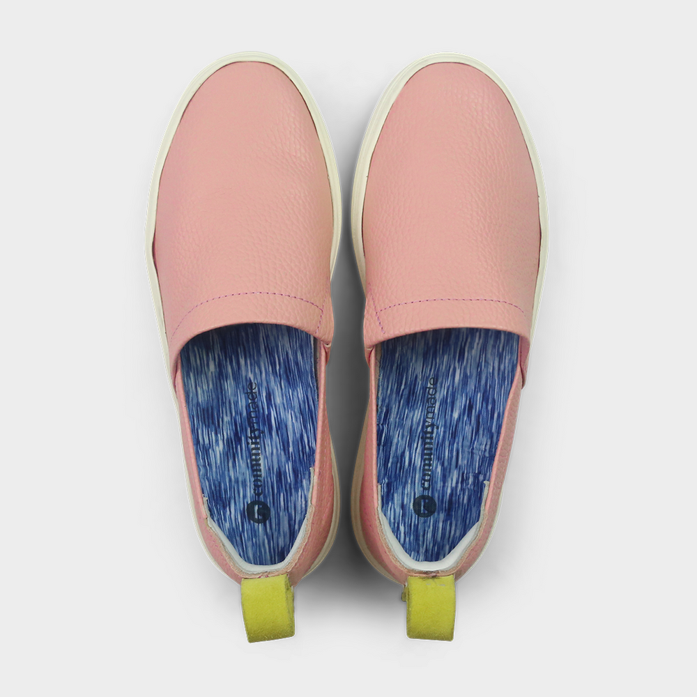 
                      
                        A pink slip-on men's shoe with a suede and leather upper and a rubber sole top view
                      
                    