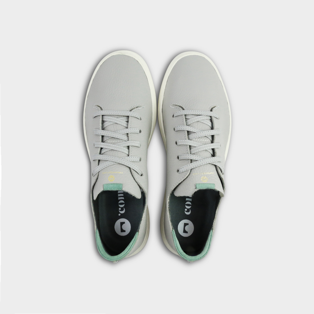 
                      
                        A women's sneaker in grey color, made of Italian full grain leather, with a lace-up closure top view
                      
                    