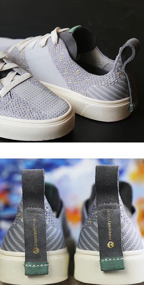 Photo of a pair of engineered knit sneakers in a light grey and blue pattern and a close up of the heel of the sneakers with grey suede pull tabs
