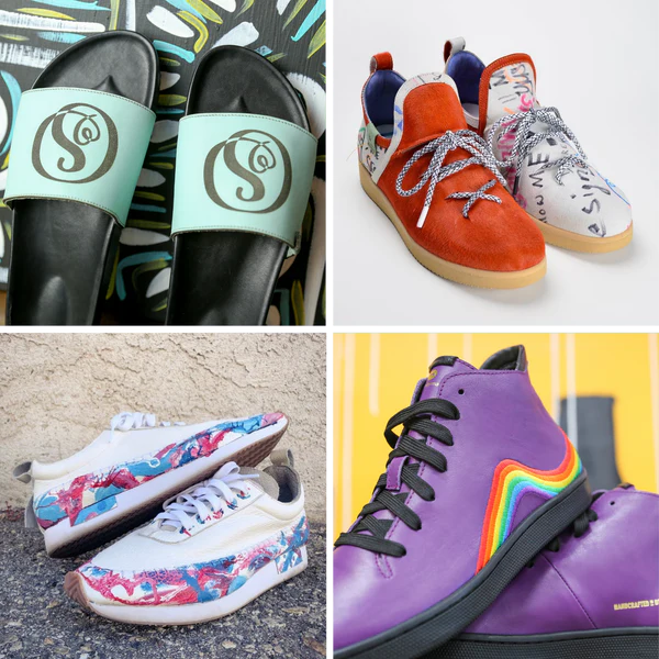 A grid of four squares, each featuring a different pair of shoes. The top-left square shows a pair of mint green slides with a black "S" logo on the strap. The top-right square shows two mismatched sneakers. One is orange suede with blue laces, and the other is white with a repeating "ME" pattern and black and white laces. The bottom-left square shows a pair of white sneakers with a red and blue abstract pattern on the sides. The bottom-right square shows a pair of purple leather high-top shoes with rainbow