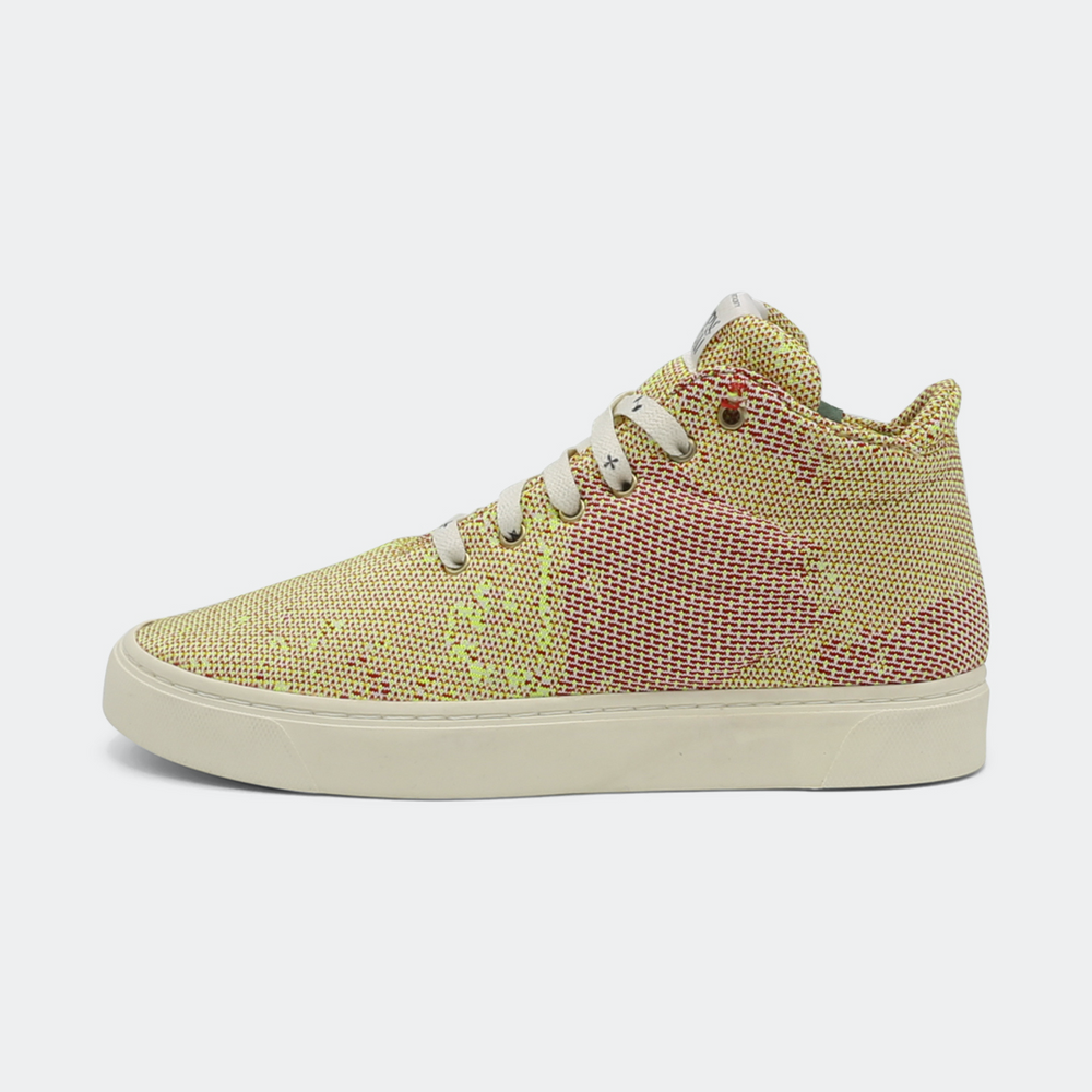 Mid-top sneakers in yellow and pink checkered pattern design lateral view