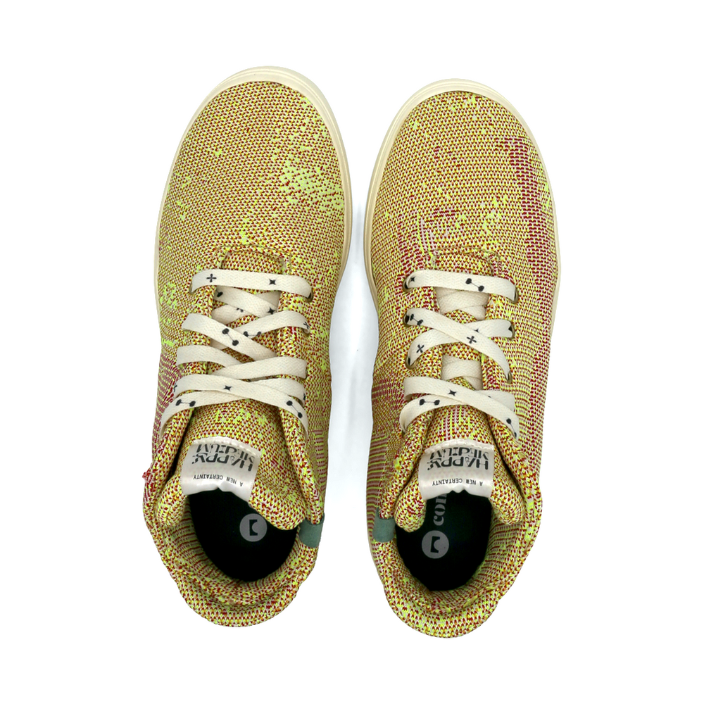 
                      
                        Mid-top sneakers with a camouflage pattern in yellow and pink colors, featuring lace-up closure top view
                      
                    