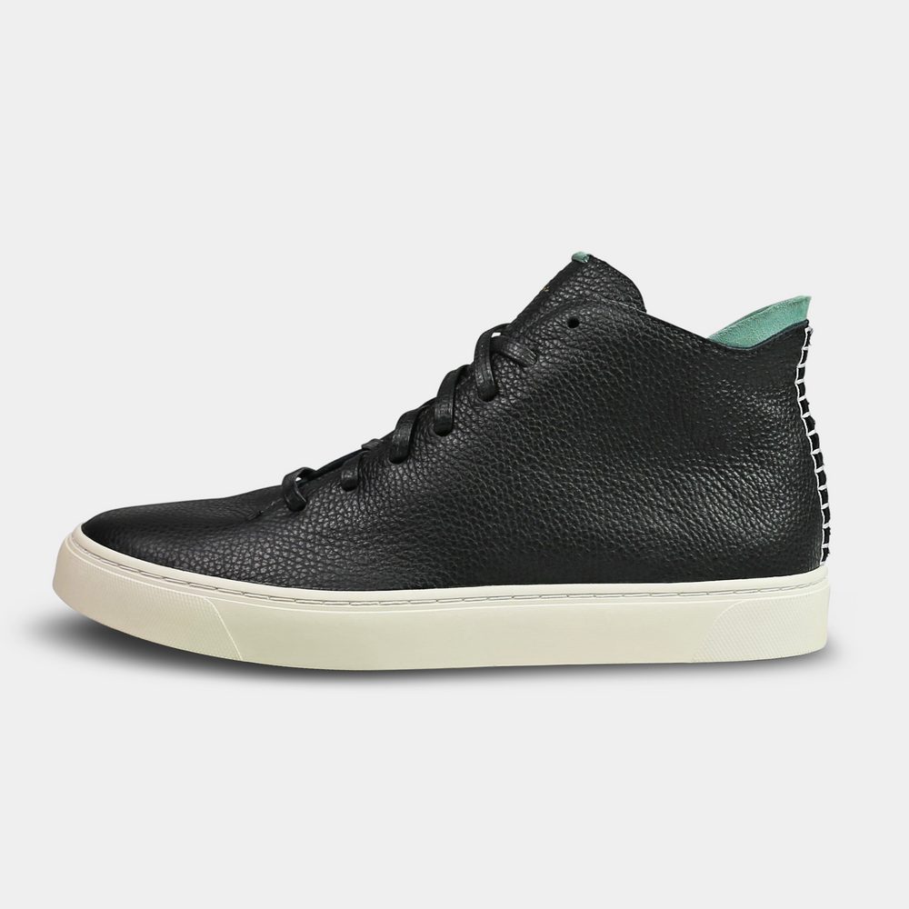 
                      
                        A mid-top sneaker with a  black leather upper,  lace-up closure lateral view
                      
                    