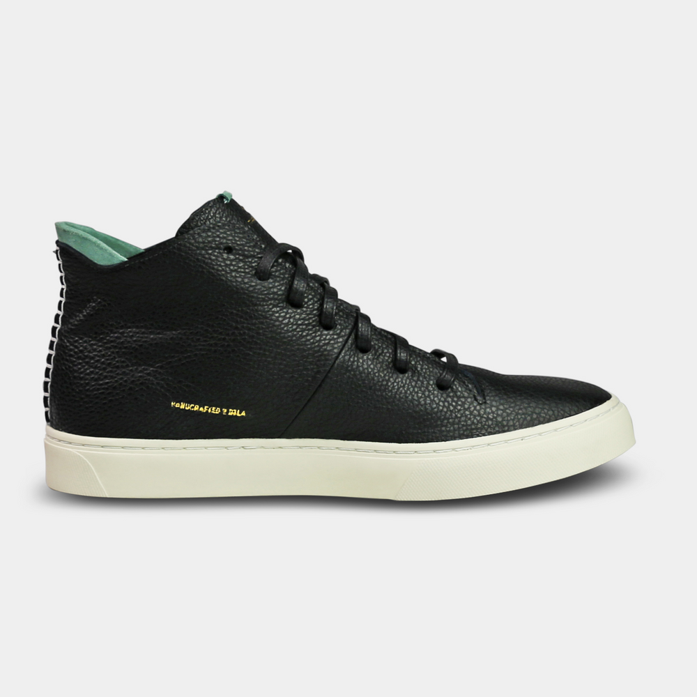 
                      
                        A mid-top sneaker with a  black leather upper,  lace-up closure medial view
                      
                    