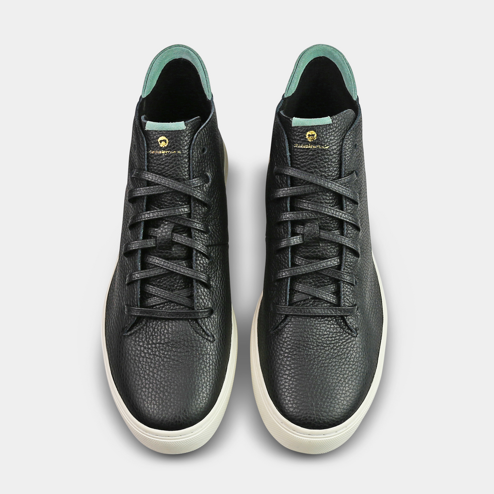 
                      
                        A mid-top sneaker with a  black leather upper,  lace-up closure top view
                      
                    