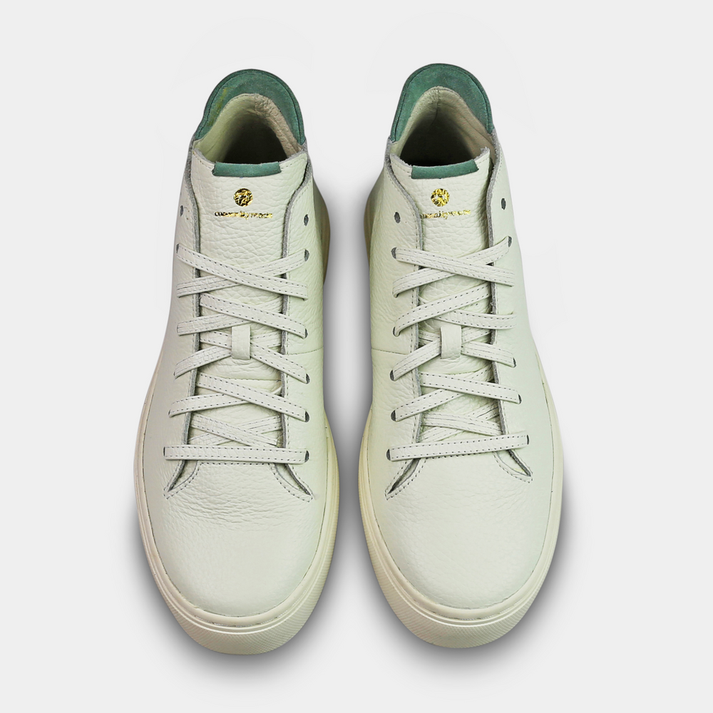 
                      
                        A mid-top sneaker with a white leather upper,  lace-up closure top view
                      
                    