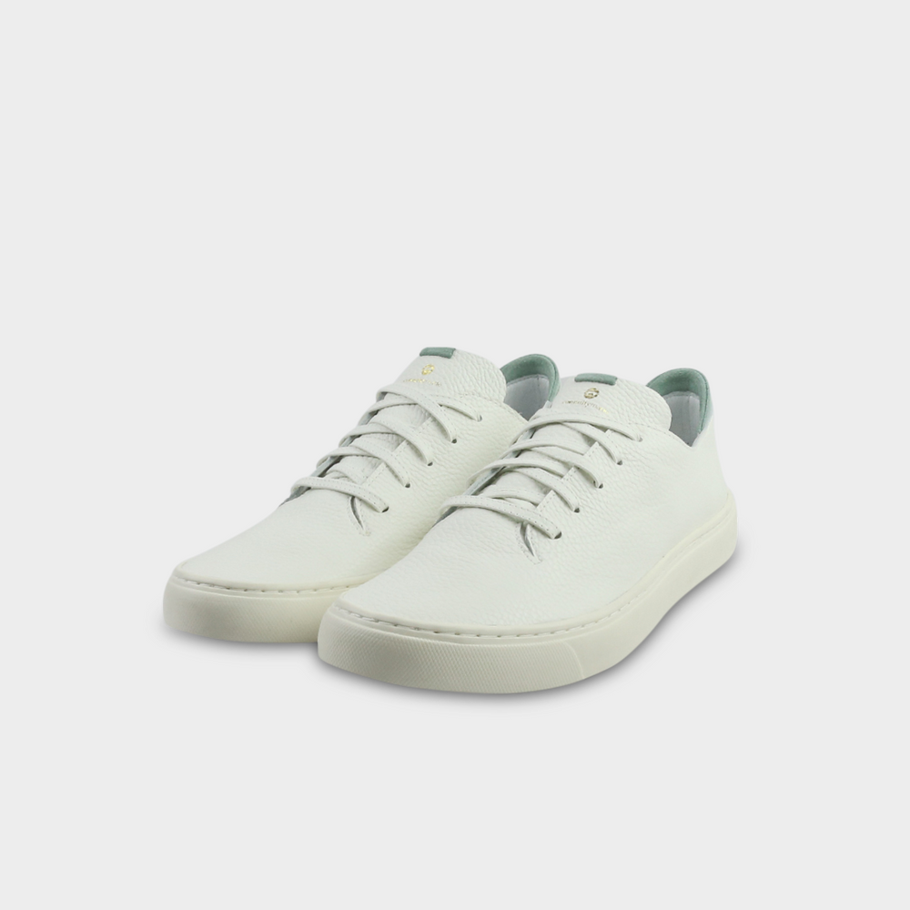 
                      
                        An off-white men's sneaker with a lace-up closure made with Italian full grain leather, featuring a rubber cupsole quarter view
                      
                    
