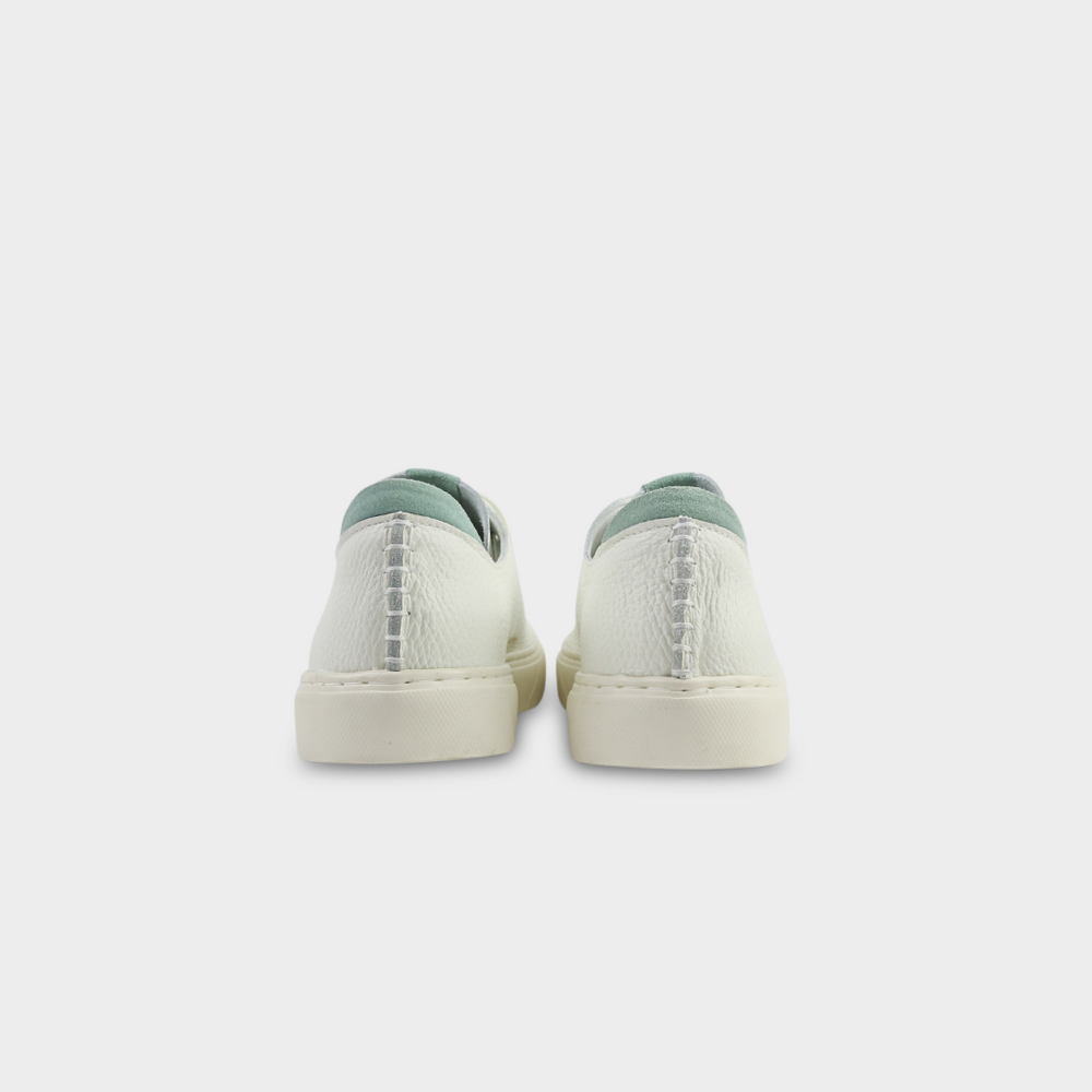 
                      
                        A women's sneaker in off-white color, made of Italian full grain leather, with a lace-up closure back view
                      
                    